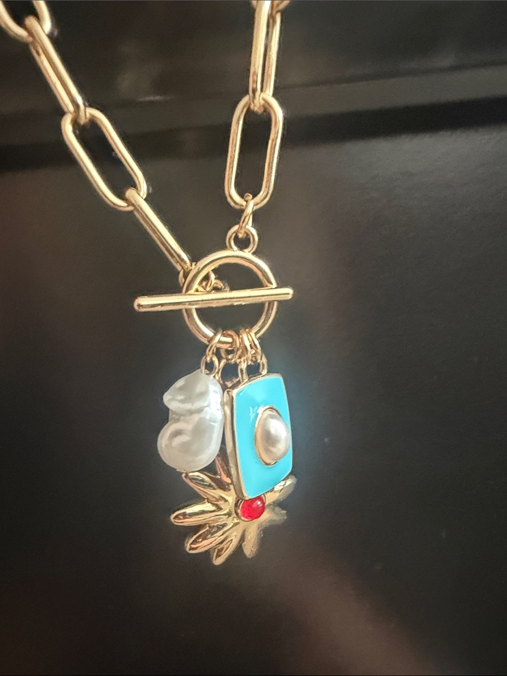 Mayamar Gold Chain Pendant Necklace with Turquoise, Pearl & Red Accent